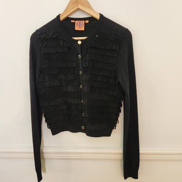 Tory Burch Cardigan Sweater XS Womens Black Merino Wool Leather Fringe Career - Picture 1 of 11